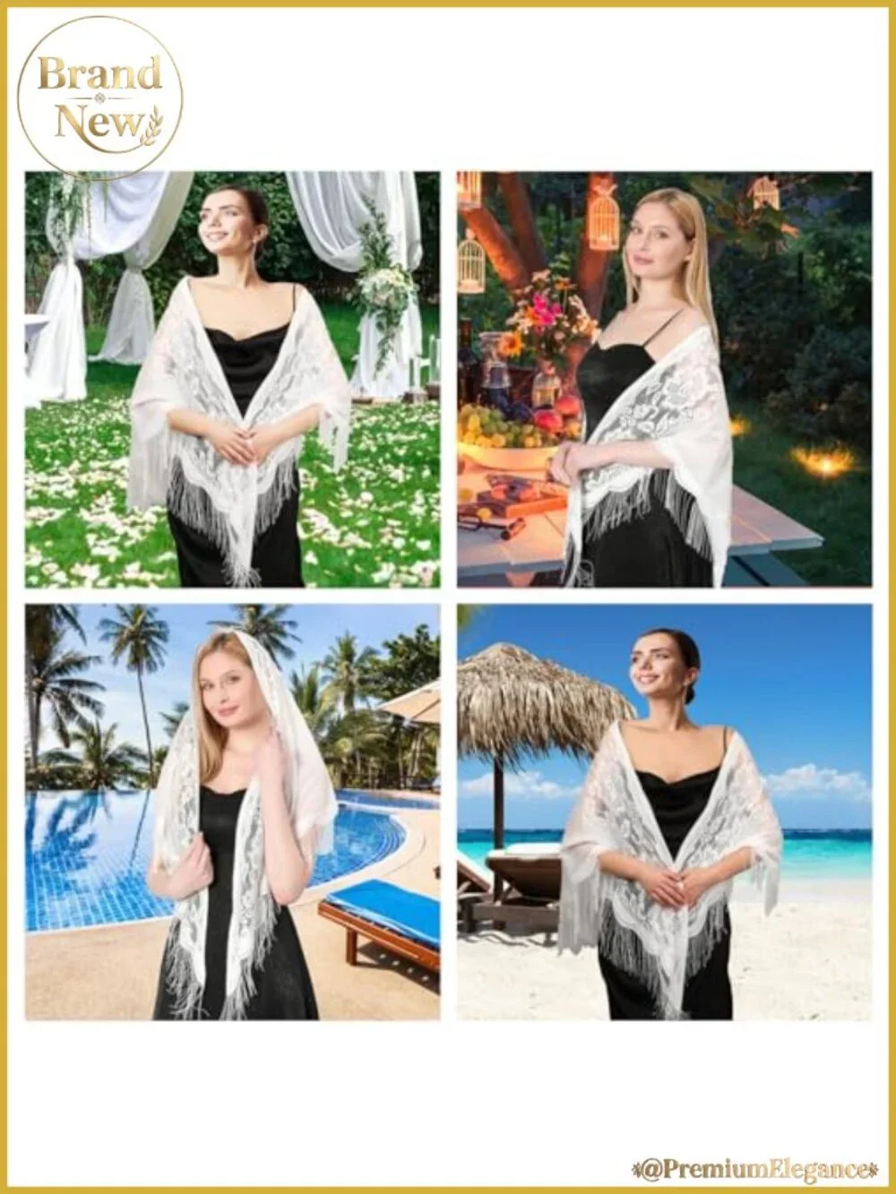 Women Lace Shawl Wrap Soft Mesh Fringe Triangle Scarf for Wedding Evening Party